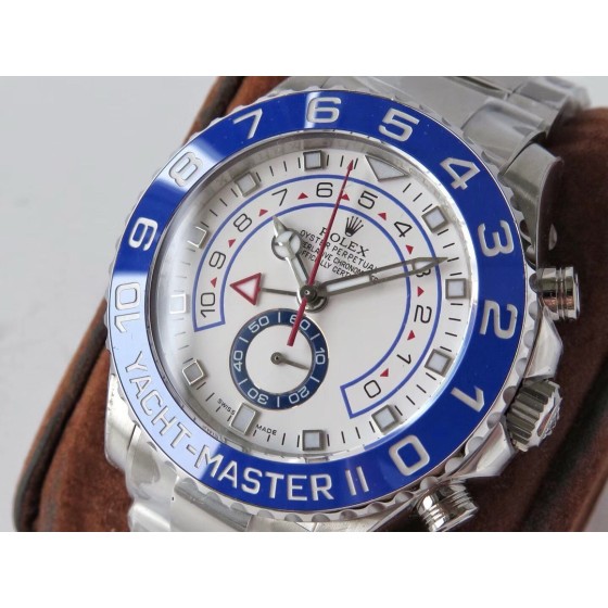 Rolex Yacht-Master series, white dial, blue bezel, silver case, 44mm, silver Oyster bracelet.